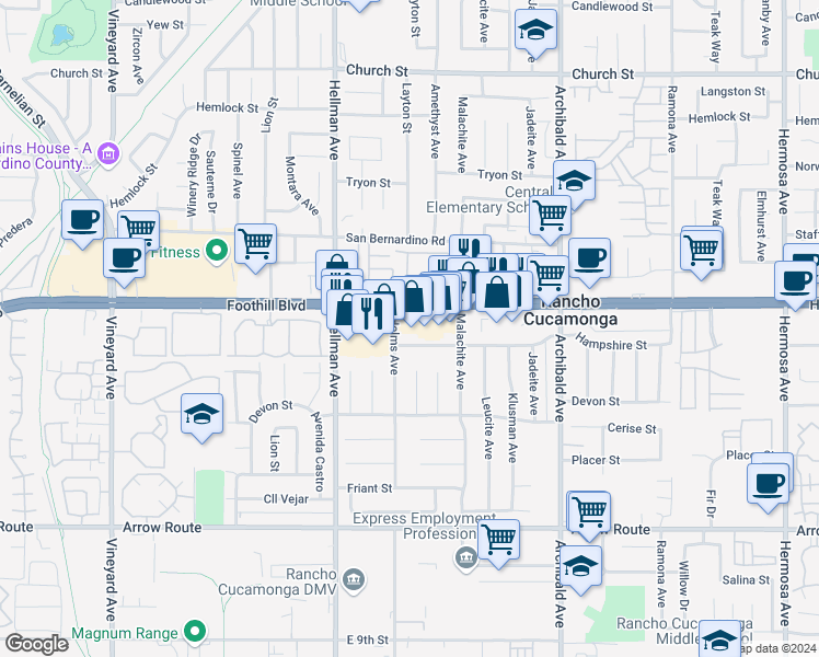 map of restaurants, bars, coffee shops, grocery stores, and more near 9445 Foothill Boulevard in Rancho Cucamonga