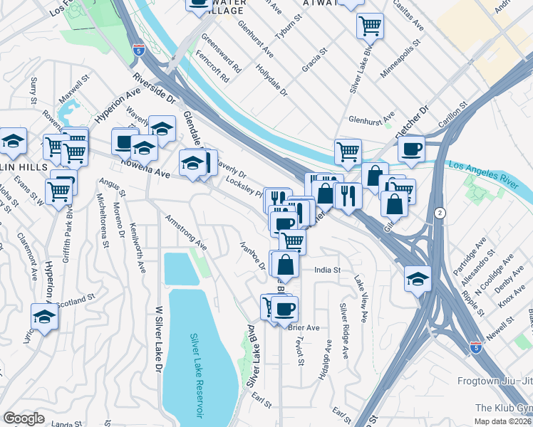 map of restaurants, bars, coffee shops, grocery stores, and more near 2616 Glendale Boulevard in Los Angeles