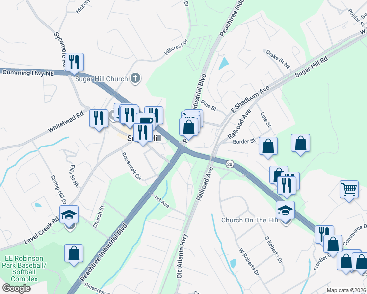 map of restaurants, bars, coffee shops, grocery stores, and more near 4866 2nd Avenue in Buford