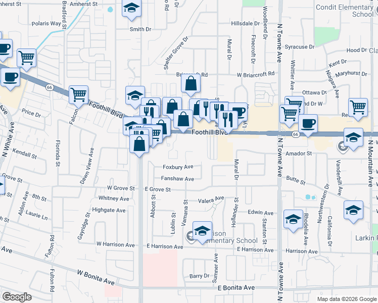 map of restaurants, bars, coffee shops, grocery stores, and more near 327 Flaxton Street in Pomona