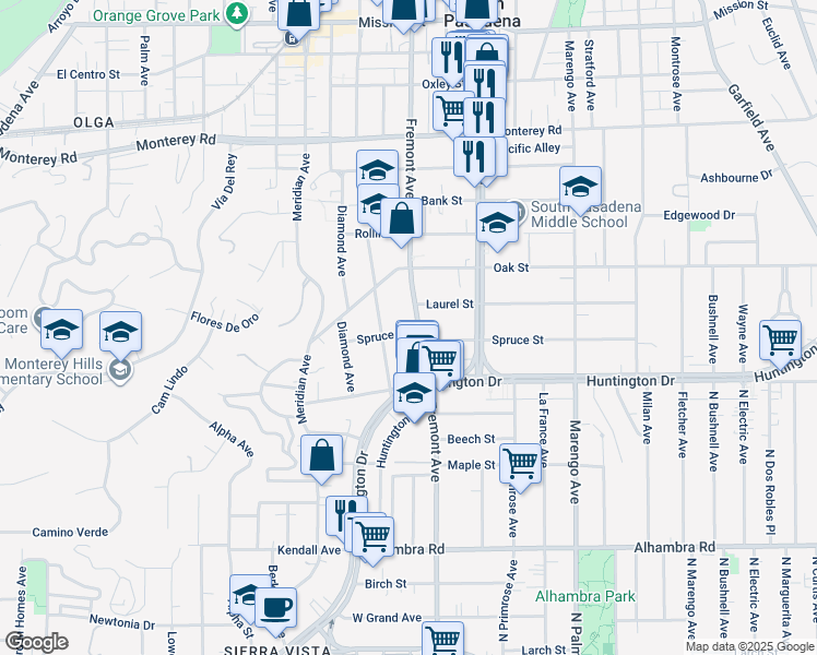 map of restaurants, bars, coffee shops, grocery stores, and more near in South Pasadena