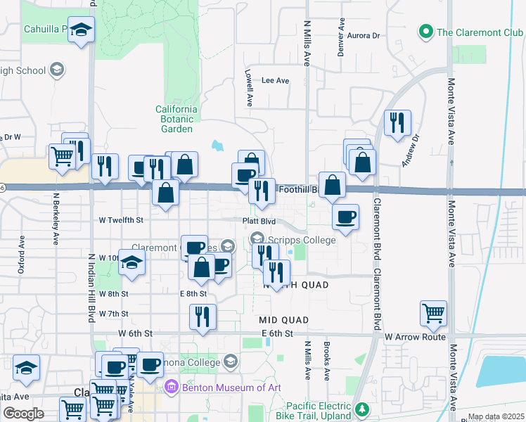 map of restaurants, bars, coffee shops, grocery stores, and more near 301 Platt Boulevard in Claremont
