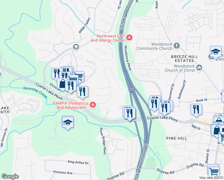 map of restaurants, bars, coffee shops, grocery stores, and more near 152 Stoneforest Drive in Woodstock
