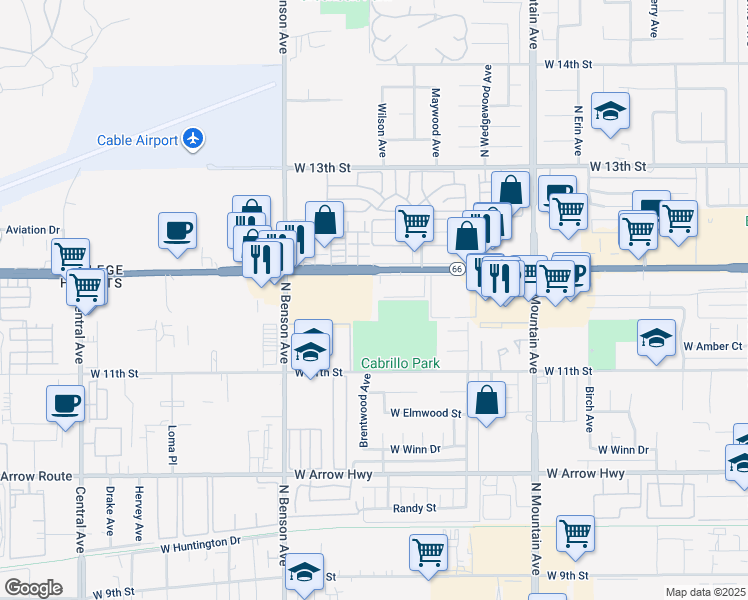 map of restaurants, bars, coffee shops, grocery stores, and more near 1460 West Foothill Boulevard in Upland