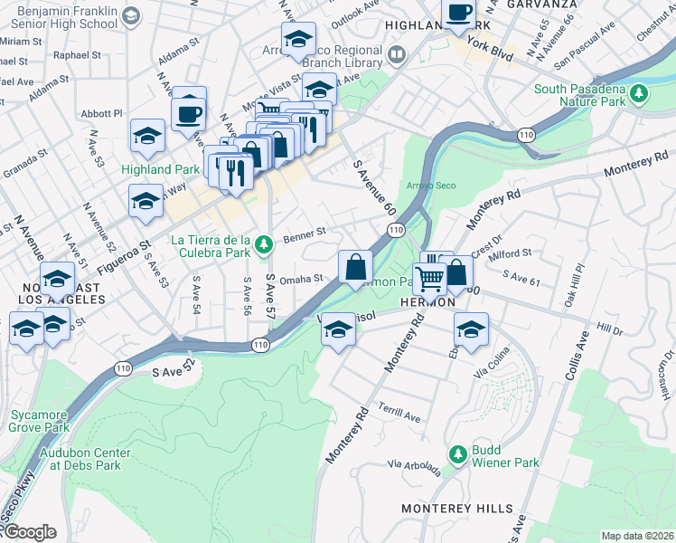 map of restaurants, bars, coffee shops, grocery stores, and more near 5811 Arroyo Drive in Los Angeles