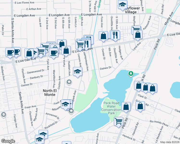 map of restaurants, bars, coffee shops, grocery stores, and more near 3218 Hempstead Avenue in Arcadia