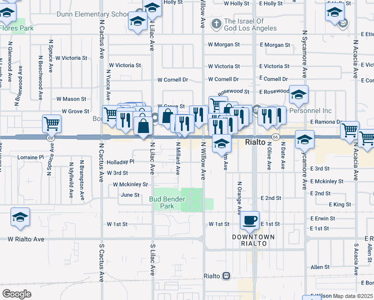 map of restaurants, bars, coffee shops, grocery stores, and more near 342 North Clifford Avenue in Rialto