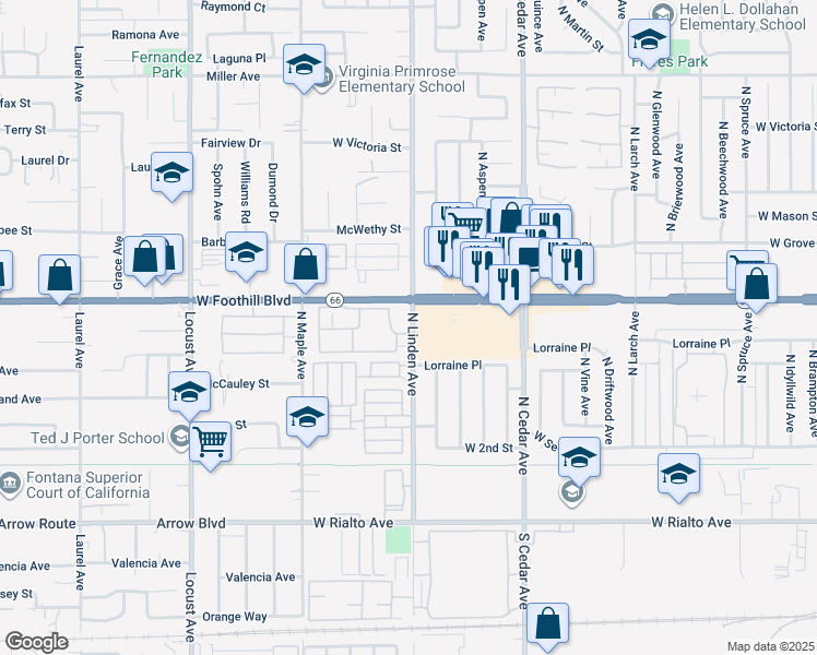 map of restaurants, bars, coffee shops, grocery stores, and more near 380 North Linden Avenue in Rialto