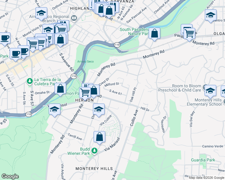 map of restaurants, bars, coffee shops, grocery stores, and more near 657 South Avenue 61 in Los Angeles