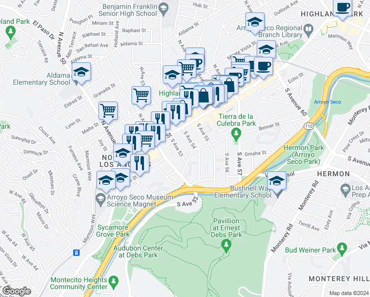 map of restaurants, bars, coffee shops, grocery stores, and more near 147 South Avenue 53 in Los Angeles
