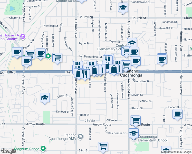 map of restaurants, bars, coffee shops, grocery stores, and more near 9500 7th Street in Rancho Cucamonga