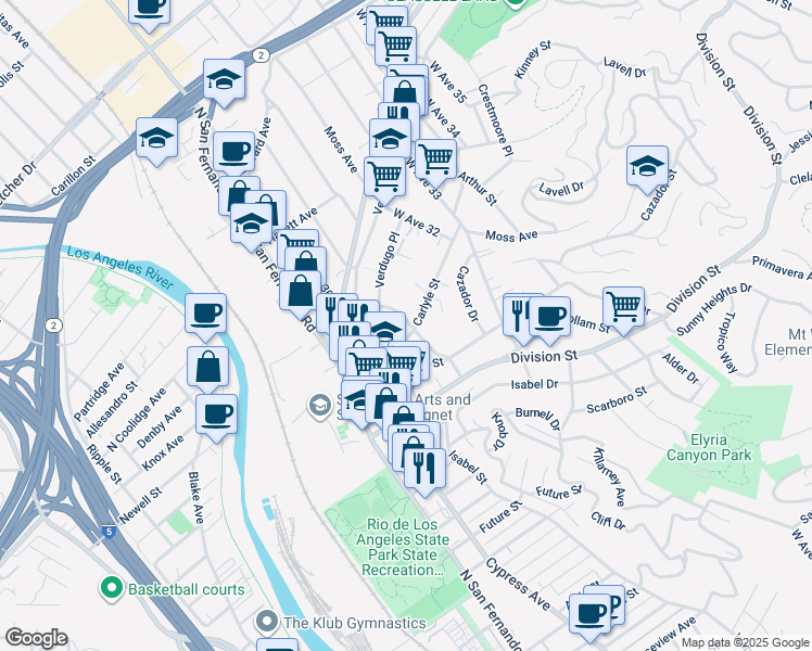 map of restaurants, bars, coffee shops, grocery stores, and more near 2304 West Avenue 31 in Los Angeles