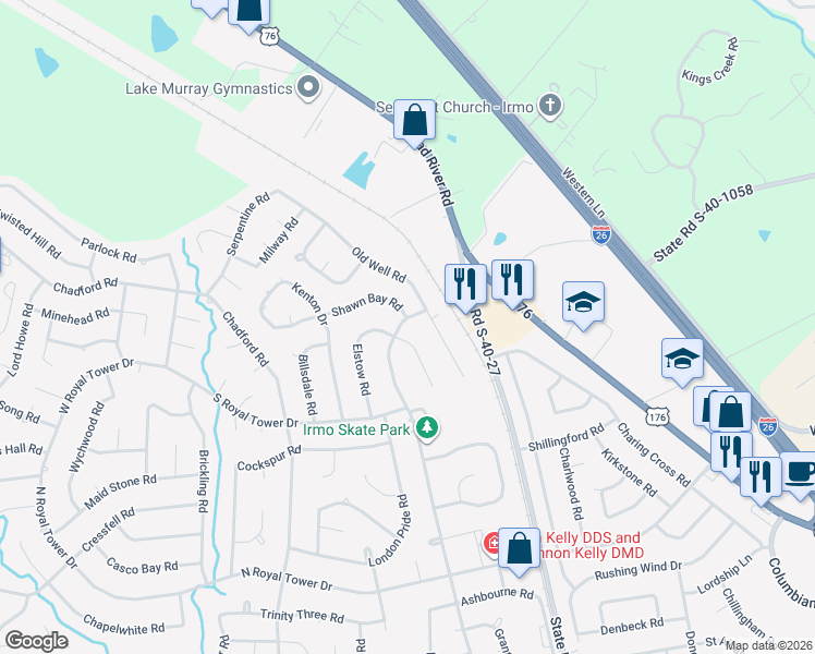 map of restaurants, bars, coffee shops, grocery stores, and more near 1305 Friarsgate Boulevard in Irmo
