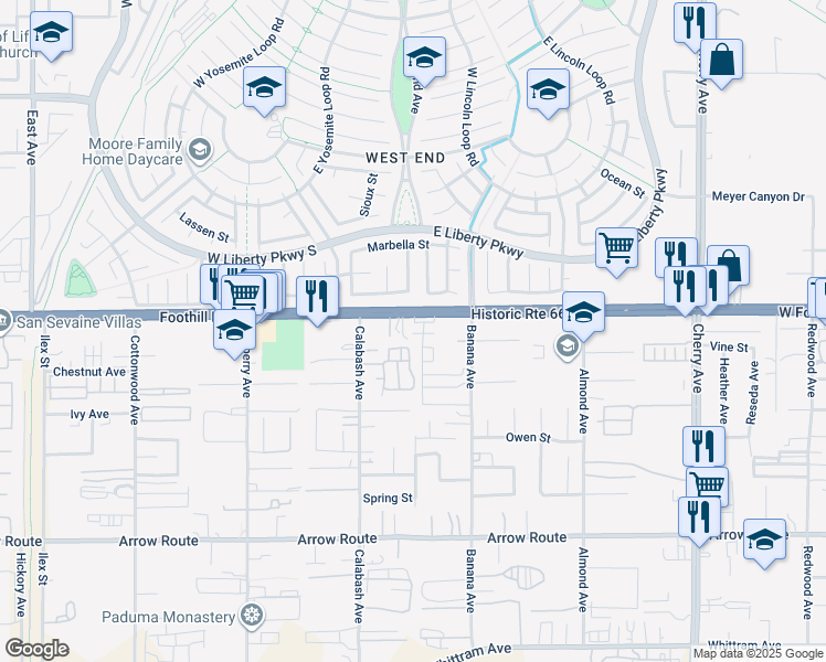 map of restaurants, bars, coffee shops, grocery stores, and more near 13995 Foothill Boulevard in Fontana