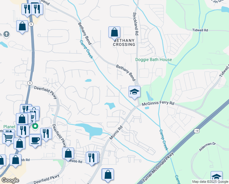 map of restaurants, bars, coffee shops, grocery stores, and more near 3522 Peacock Road in Alpharetta