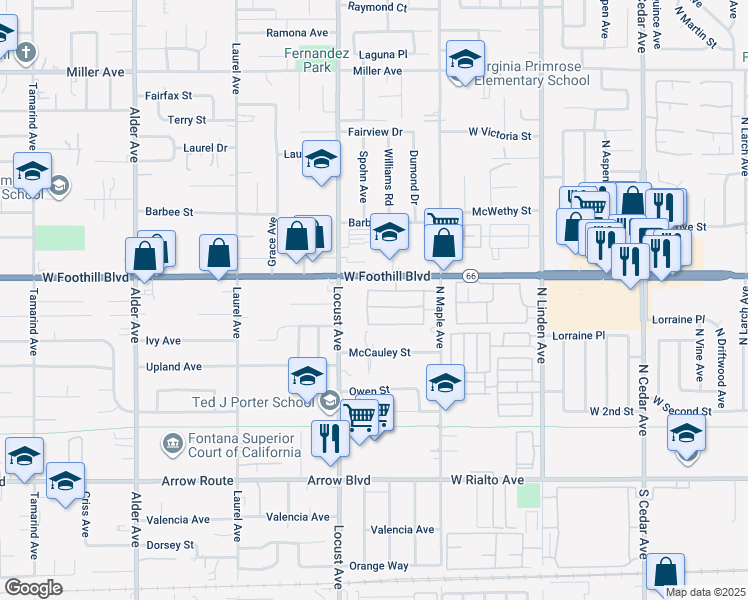 map of restaurants, bars, coffee shops, grocery stores, and more near 18215 Foothill Boulevard in Fontana