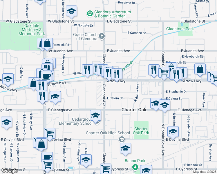 map of restaurants, bars, coffee shops, grocery stores, and more near 5130 North Glendora Avenue in Covina