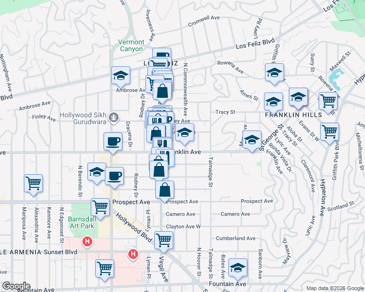 map of restaurants, bars, coffee shops, grocery stores, and more near 1913 North Commonwealth Avenue in Los Angeles