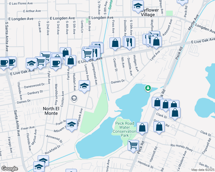 map of restaurants, bars, coffee shops, grocery stores, and more near 4026 Daines Drive in Arcadia