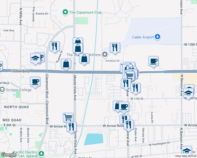 map of restaurants, bars, coffee shops, grocery stores, and more near 2262 Lemon Avenue in Upland
