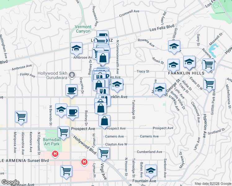 map of restaurants, bars, coffee shops, grocery stores, and more near 1913 North Commonwealth Avenue in Los Angeles