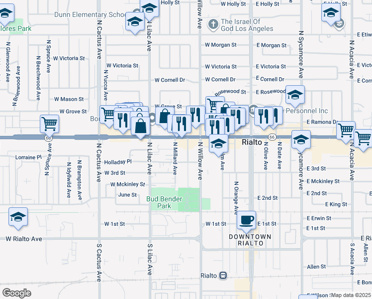 map of restaurants, bars, coffee shops, grocery stores, and more near 342 North Clifford Avenue in Rialto
