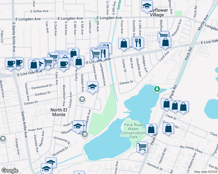 map of restaurants, bars, coffee shops, grocery stores, and more near 3218 Hempstead Avenue in Arcadia