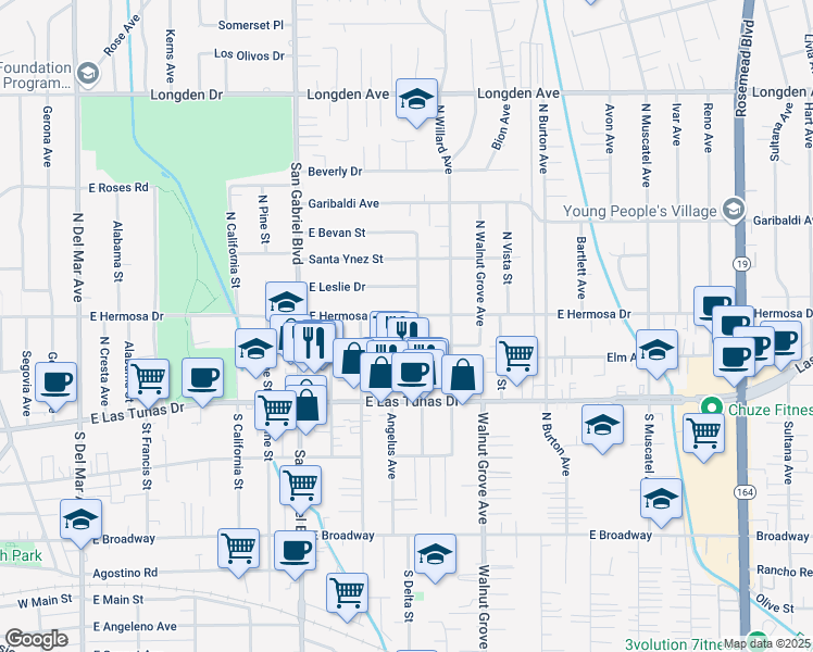 map of restaurants, bars, coffee shops, grocery stores, and more near 8329 Elm Avenue in San Gabriel