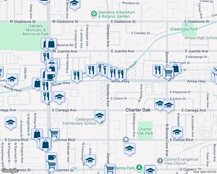 map of restaurants, bars, coffee shops, grocery stores, and more near 5132 Glendora Avenue in Covina