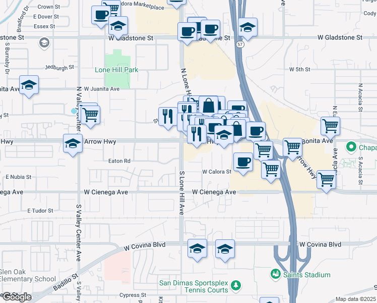 map of restaurants, bars, coffee shops, grocery stores, and more near 1086 West Arrow Highway in San Dimas