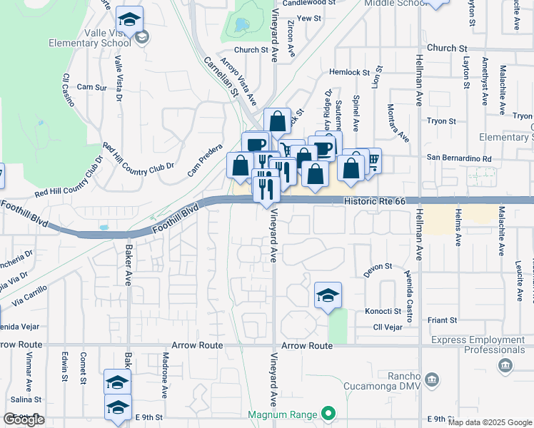 map of restaurants, bars, coffee shops, grocery stores, and more near 8140 Vineyard Avenue in Rancho Cucamonga