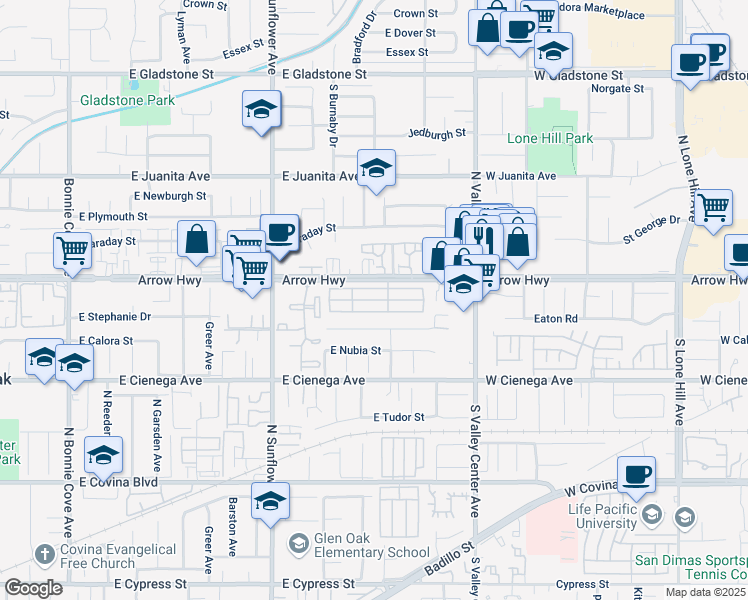 map of restaurants, bars, coffee shops, grocery stores, and more near 21210 East Arrow Highway in Covina