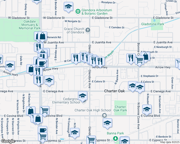 map of restaurants, bars, coffee shops, grocery stores, and more near 5136 Glendora Avenue in Covina
