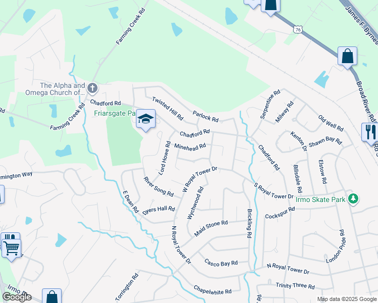 map of restaurants, bars, coffee shops, grocery stores, and more near 143 Minehead Road in Irmo