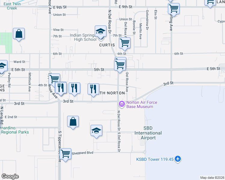 map of restaurants, bars, coffee shops, grocery stores, and more near 25323 Court Street in San Bernardino