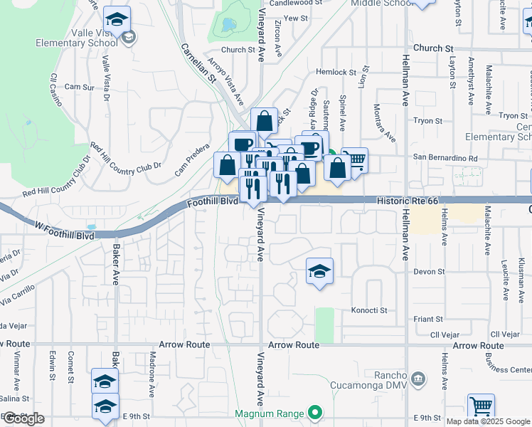 map of restaurants, bars, coffee shops, grocery stores, and more near 1867 Vineyard Avenue in Rancho Cucamonga