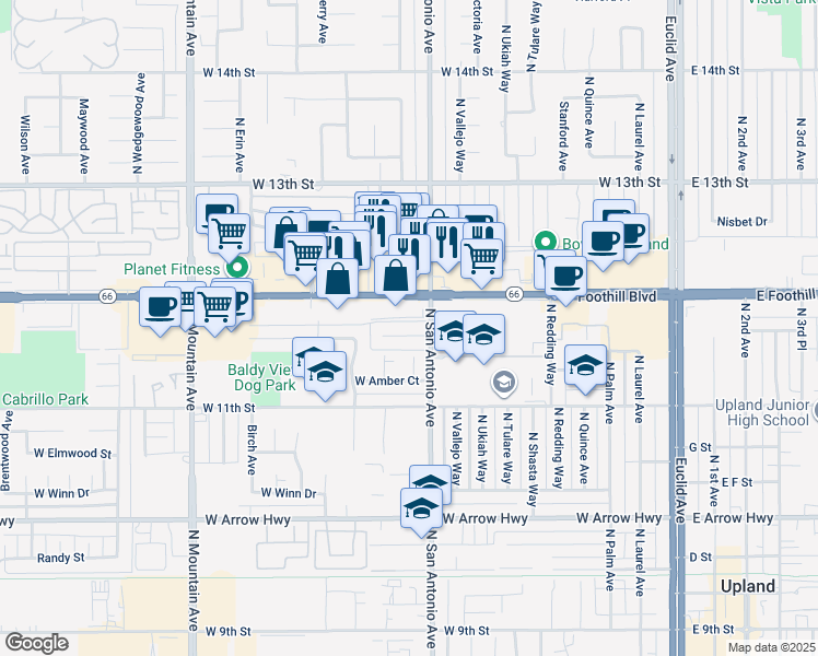 map of restaurants, bars, coffee shops, grocery stores, and more near 828 Orchid Court in Upland