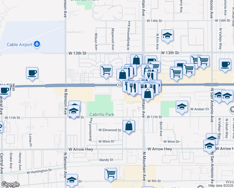 map of restaurants, bars, coffee shops, grocery stores, and more near 1334 West Historic Route 66 in Upland