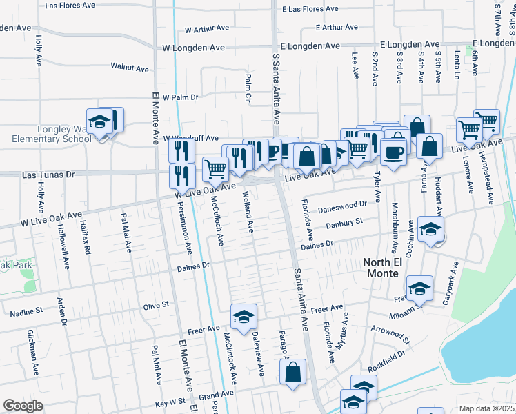 map of restaurants, bars, coffee shops, grocery stores, and more near 5606 Welland Avenue in Temple City