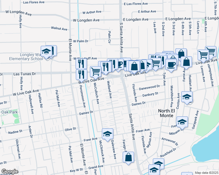 map of restaurants, bars, coffee shops, grocery stores, and more near 5606 Welland Avenue in Temple City