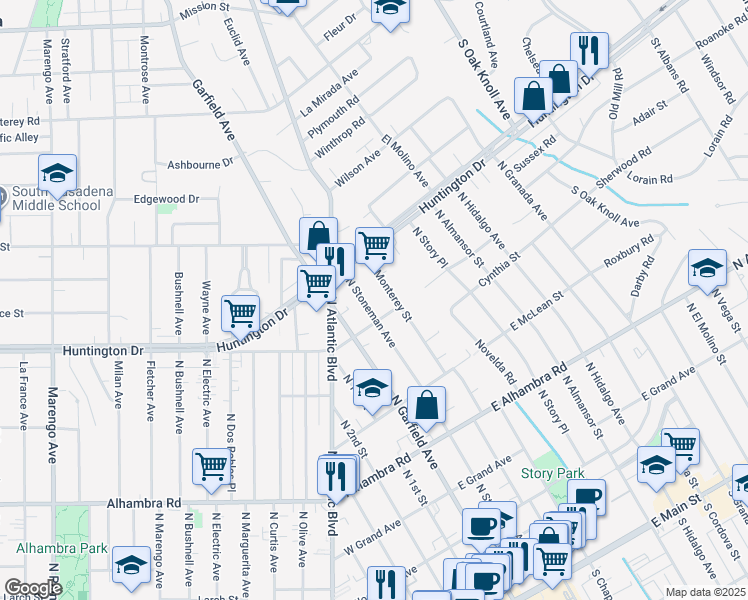 map of restaurants, bars, coffee shops, grocery stores, and more near 1100 North Stoneman Avenue in Alhambra