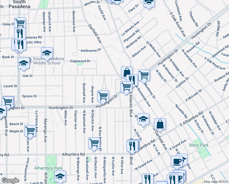 map of restaurants, bars, coffee shops, grocery stores, and more near 1751 La Senda Place in South Pasadena