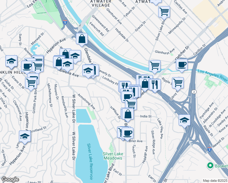 map of restaurants, bars, coffee shops, grocery stores, and more near 2644 Ivan Hill Terrace in Los Angeles