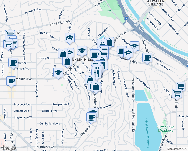 map of restaurants, bars, coffee shops, grocery stores, and more near 2624 Claremont Avenue in Los Angeles