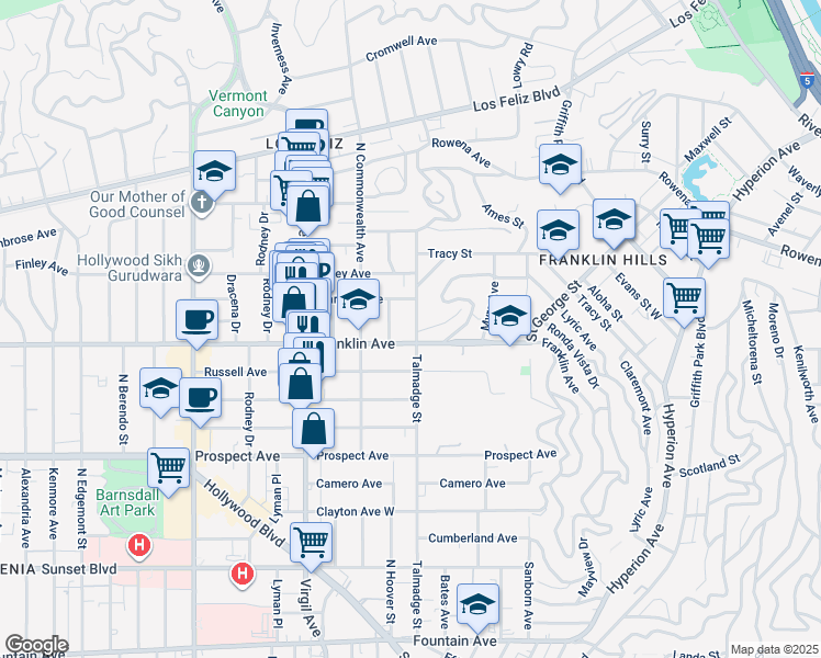map of restaurants, bars, coffee shops, grocery stores, and more near 4325 Franklin Avenue in Los Angeles