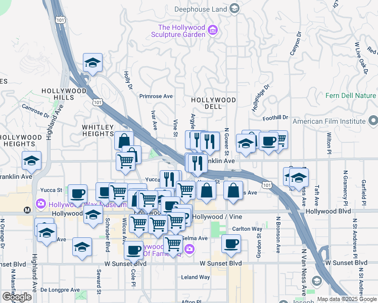 map of restaurants, bars, coffee shops, grocery stores, and more near in Los Angeles