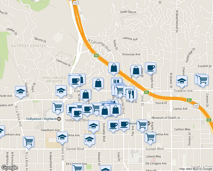 map of restaurants, bars, coffee shops, grocery stores, and more near 1900 Grace Avenue in Los Angeles