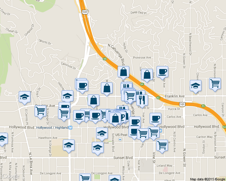 map of restaurants, bars, coffee shops, grocery stores, and more near 1900 Grace Avenue in Los Angeles