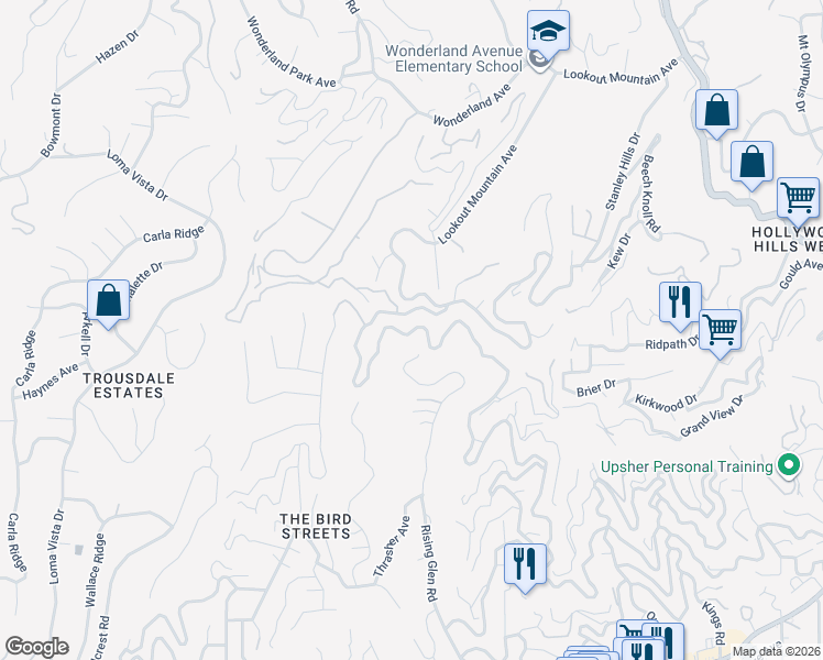 map of restaurants, bars, coffee shops, grocery stores, and more near 2115 Sunset Plaza Drive in Los Angeles