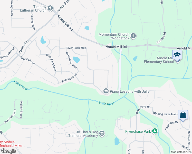 map of restaurants, bars, coffee shops, grocery stores, and more near 6005 Woodcreek Drive in Woodstock
